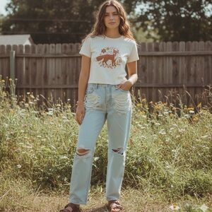 Good American Light Blue Distressed Mom Jeans Ripped Straight Leg Jeans